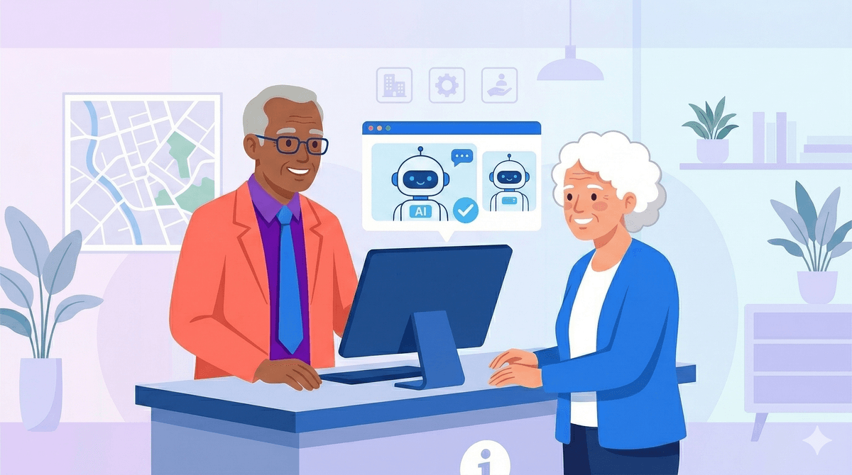 AI Act training voor gemeenten — ambtenaar en burger aan loket met AI-systeem